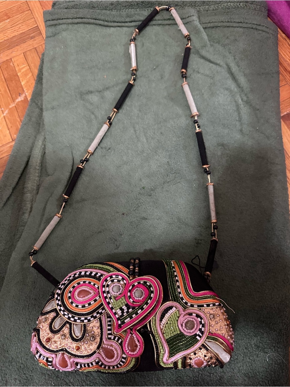 Beaded Heart Embellished Crossbody Bag in Black and Pink